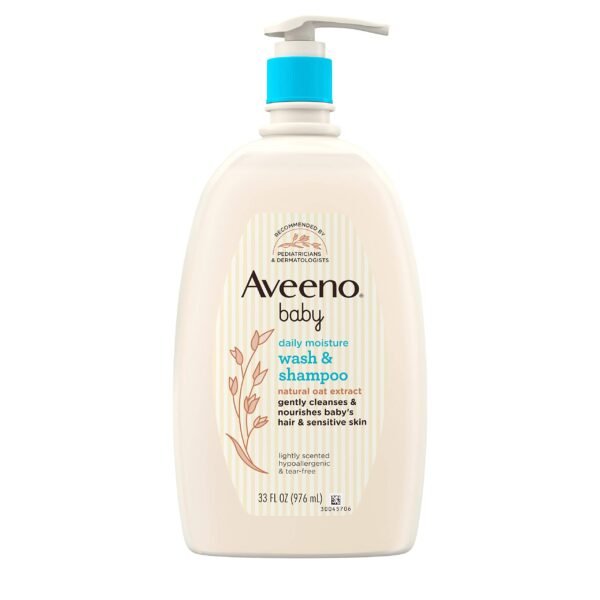 Aveeno Baby Daily Moisture Gentle Bath Wash & Shampoo with Natural Oat Extract, Hypoallergenic, Tear-Free & Paraben-Free Formula For Sensitive Hair & Skin, Lightly Scented, 33 fl. oz